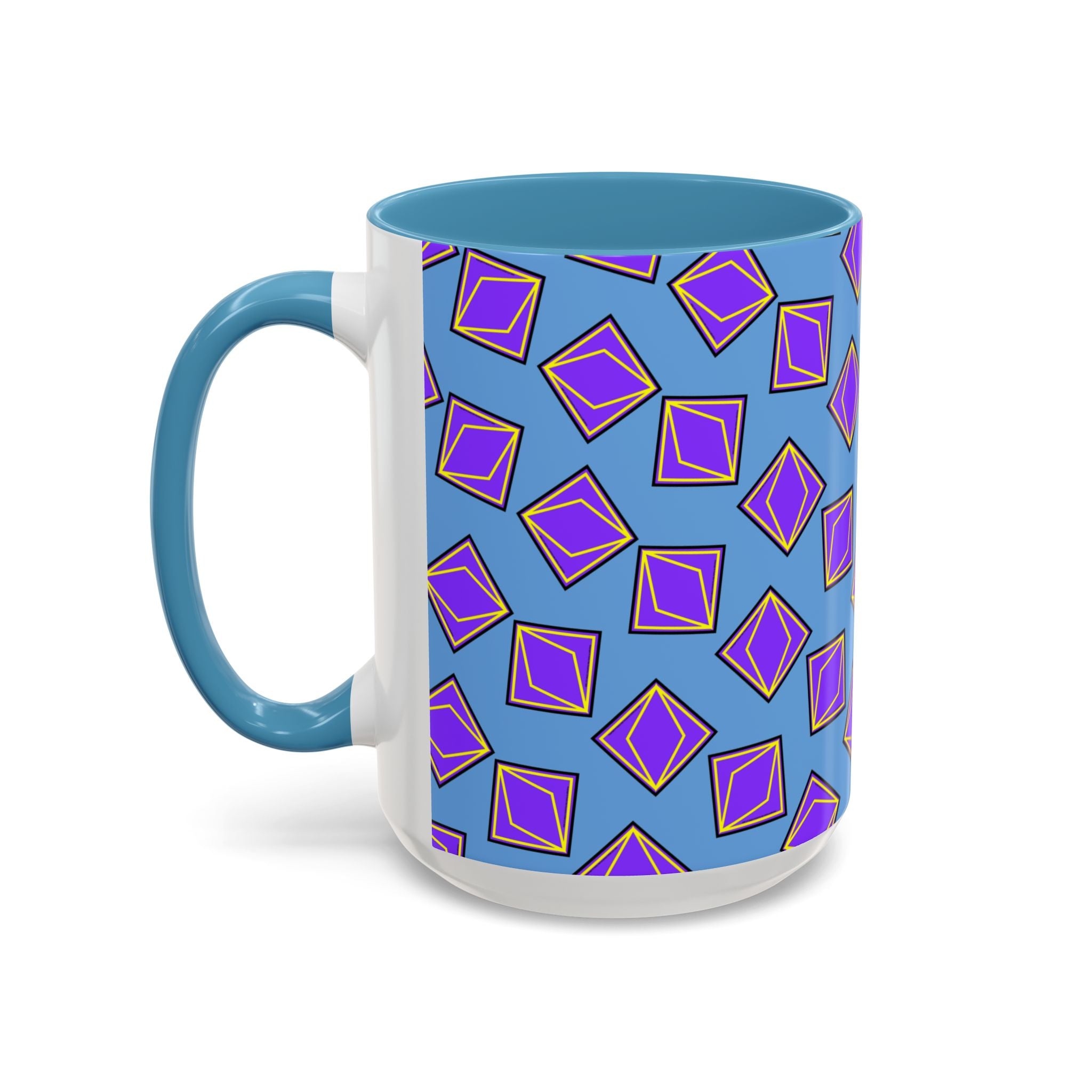 Retro Geometric Accent Coffee Mug — Purple Diamond Pattern on Mustard