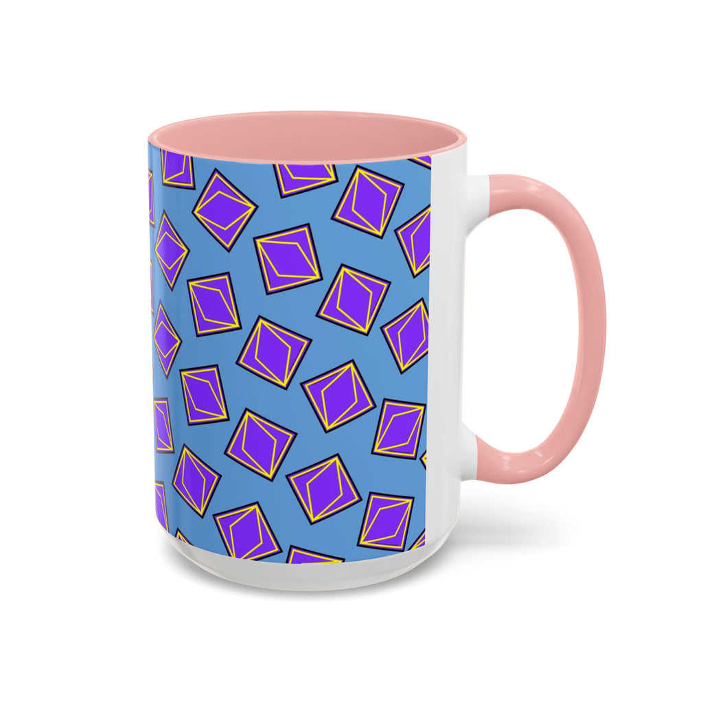 Retro Geometric Accent Coffee Mug — Purple Diamond Pattern on Mustard