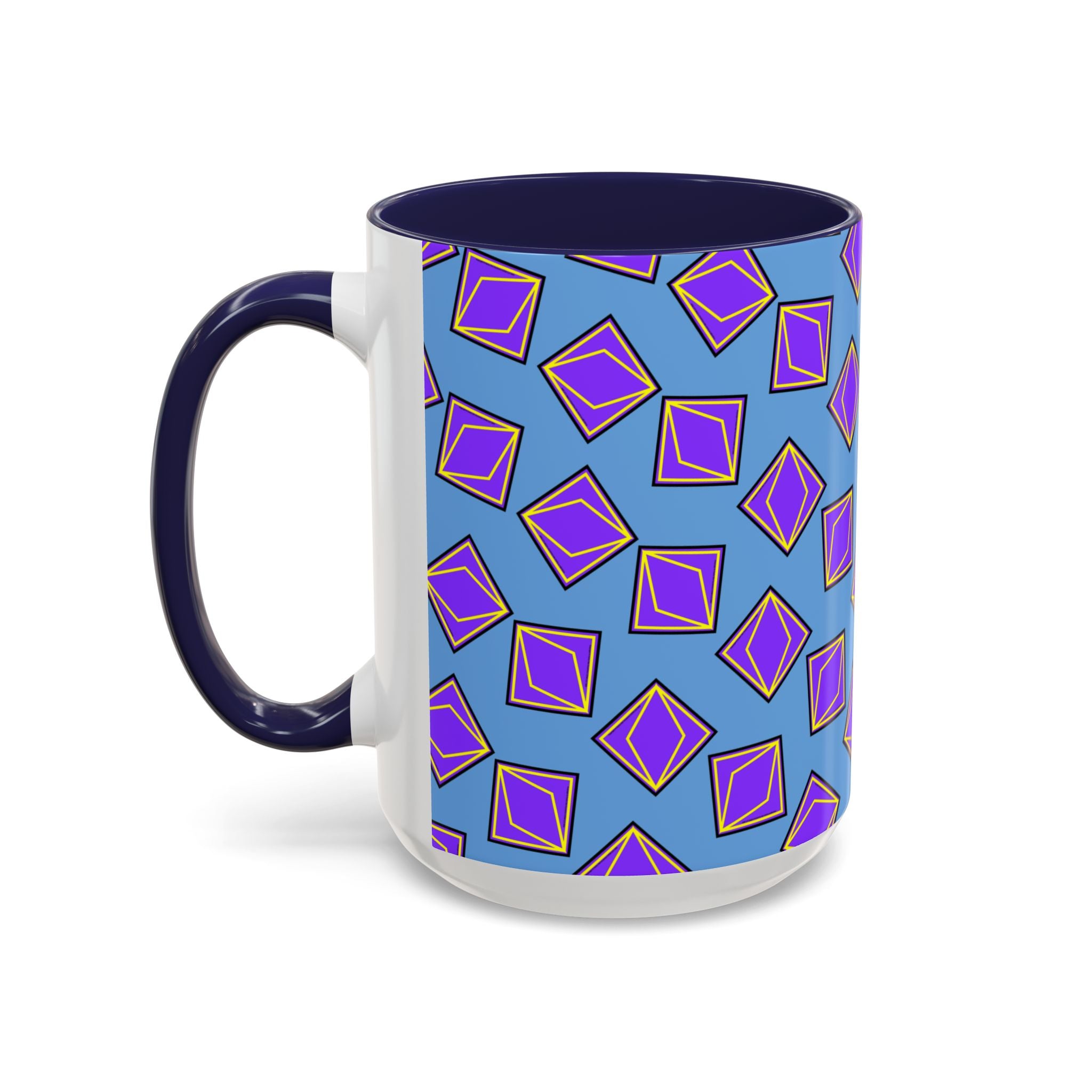 Retro Geometric Accent Coffee Mug — Purple Diamond Pattern on Mustard
