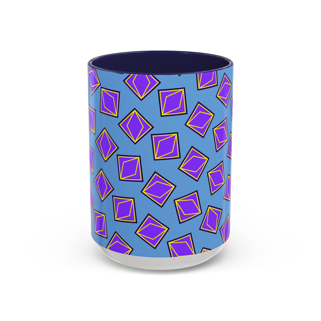 Retro Geometric Accent Coffee Mug — Purple Diamond Pattern on Mustard