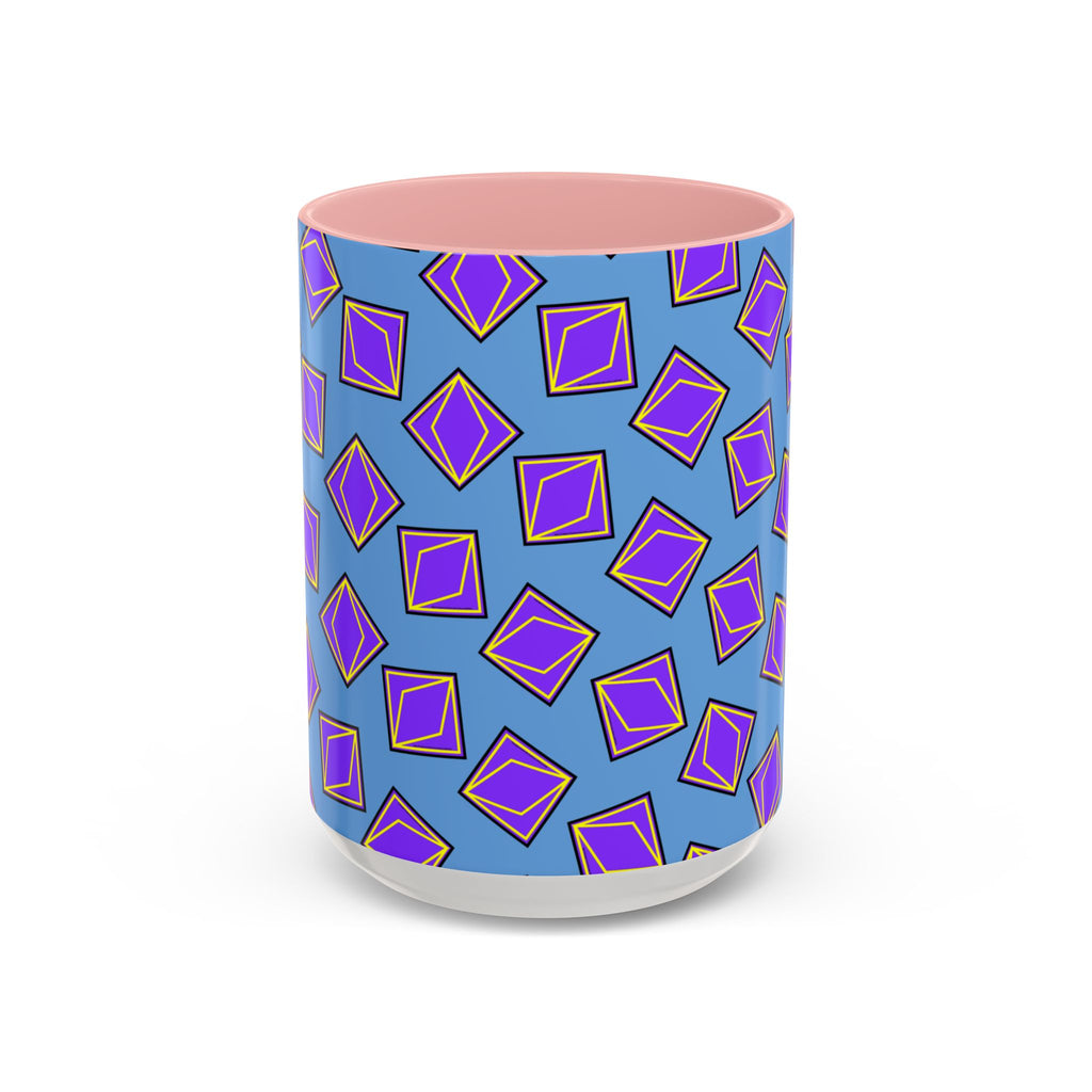 Retro Geometric Accent Coffee Mug — Purple Diamond Pattern on Mustard