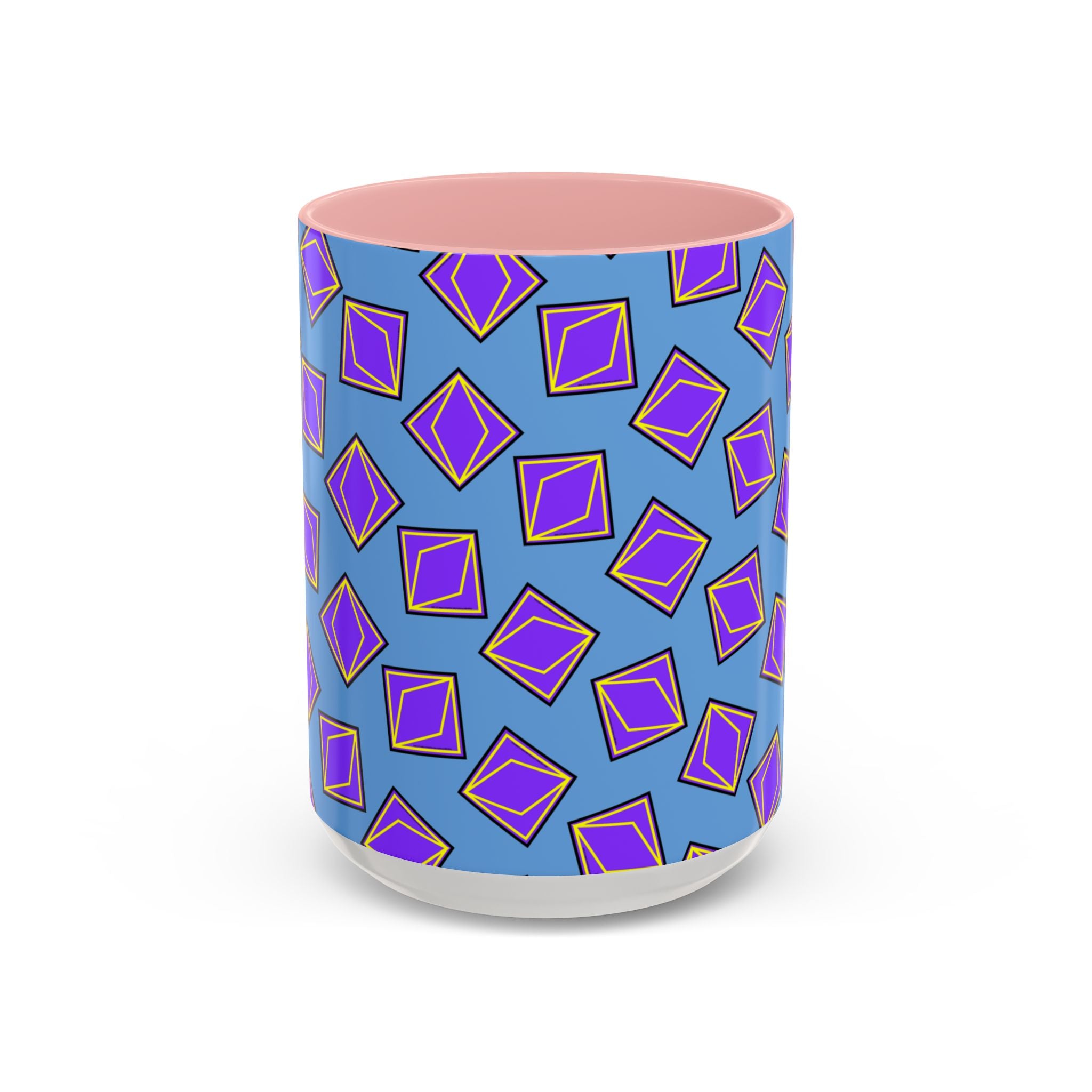 Retro Geometric Accent Coffee Mug — Purple Diamond Pattern on Mustard