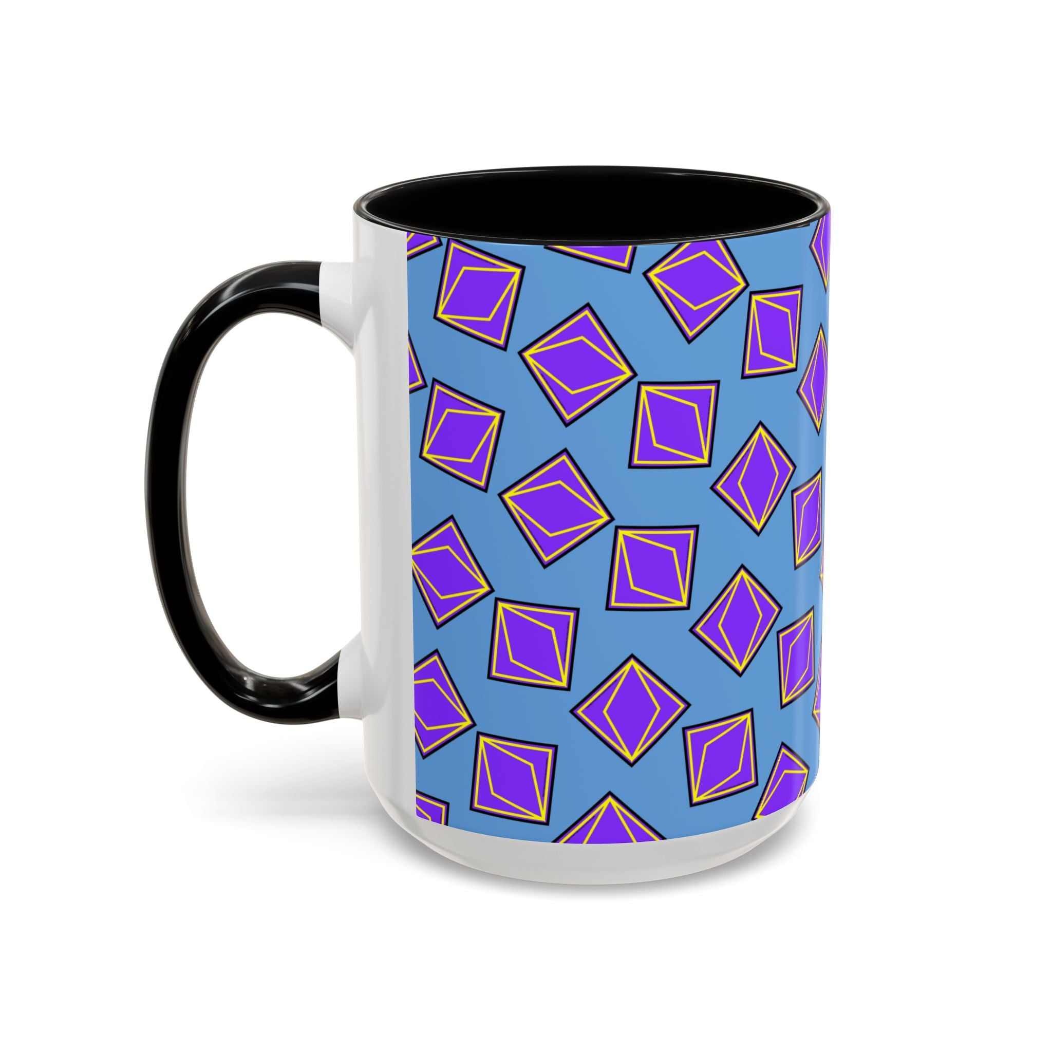 Retro Geometric Accent Coffee Mug — Purple Diamond Pattern on Mustard
