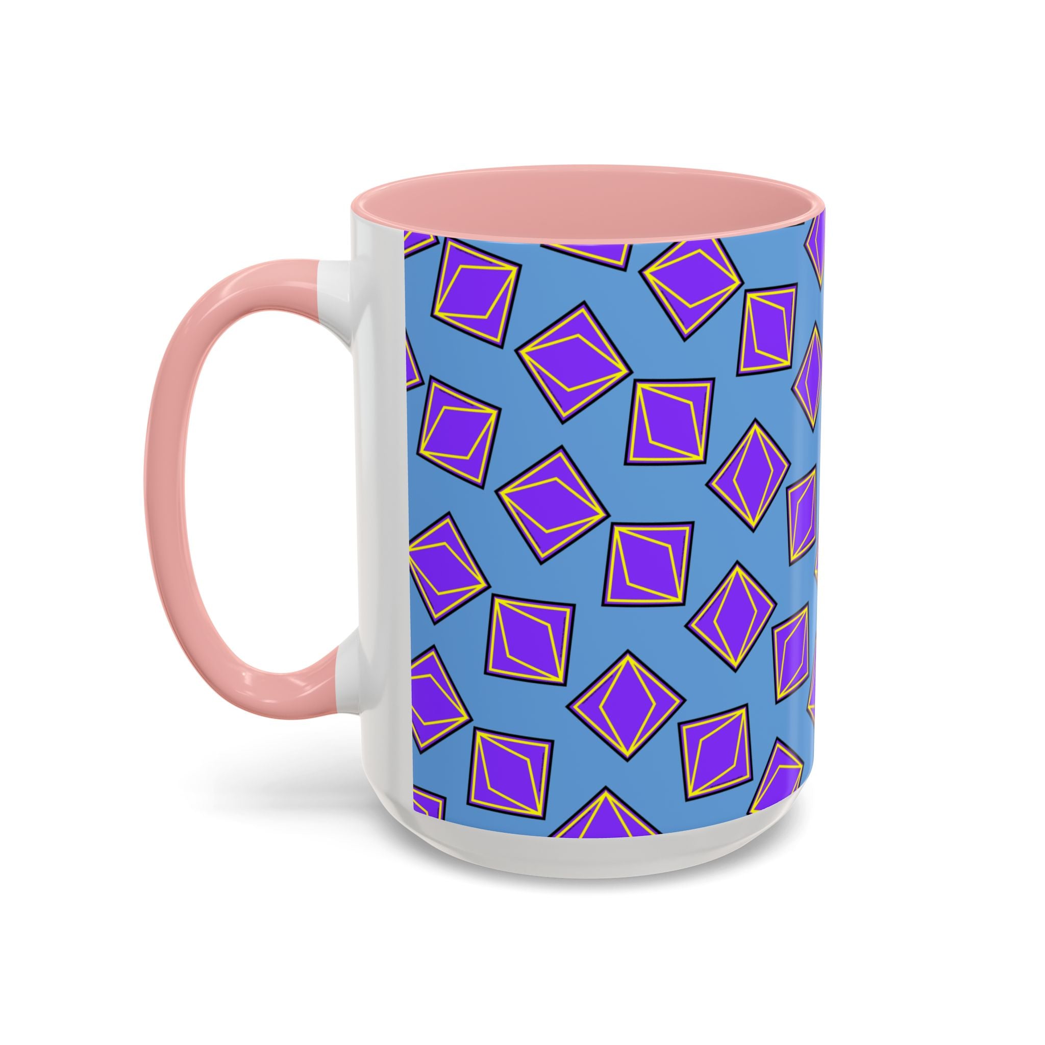 Retro Geometric Accent Coffee Mug — Purple Diamond Pattern on Mustard