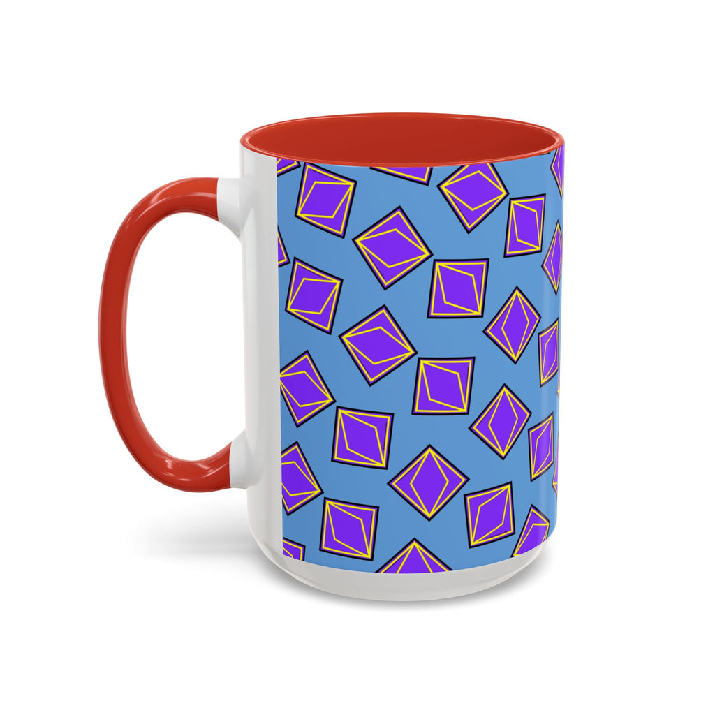 Retro Geometric Accent Coffee Mug — Purple Diamond Pattern on Mustard