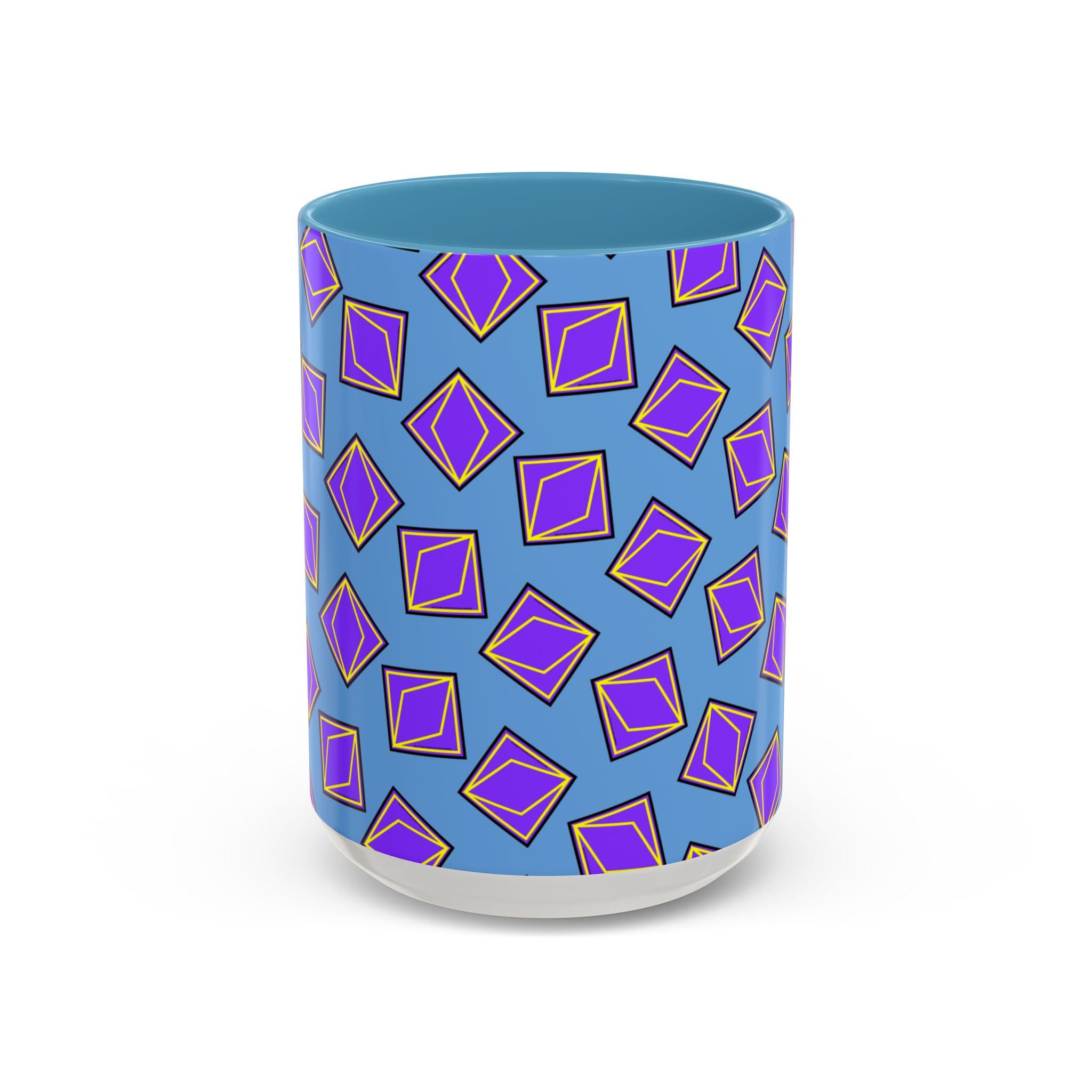 Retro Geometric Accent Coffee Mug — Purple Diamond Pattern on Mustard