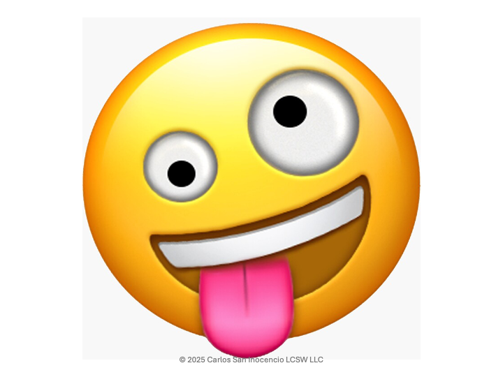 Emoticon with a wide smile, raised eyebrows, and tongue sticking out on a white background.