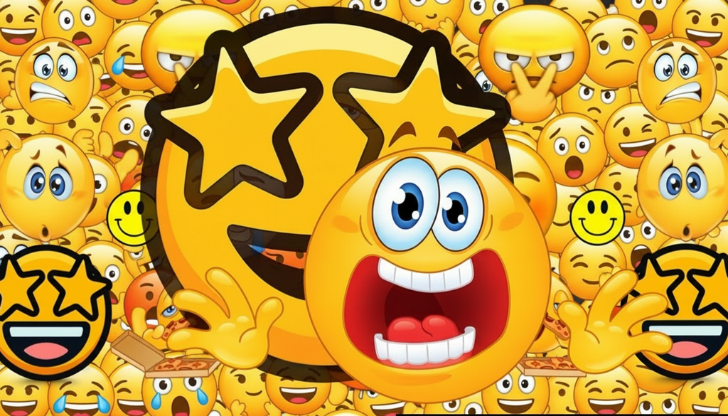 Cartoon emoji with stars surrounded by various emojis on a transparent background