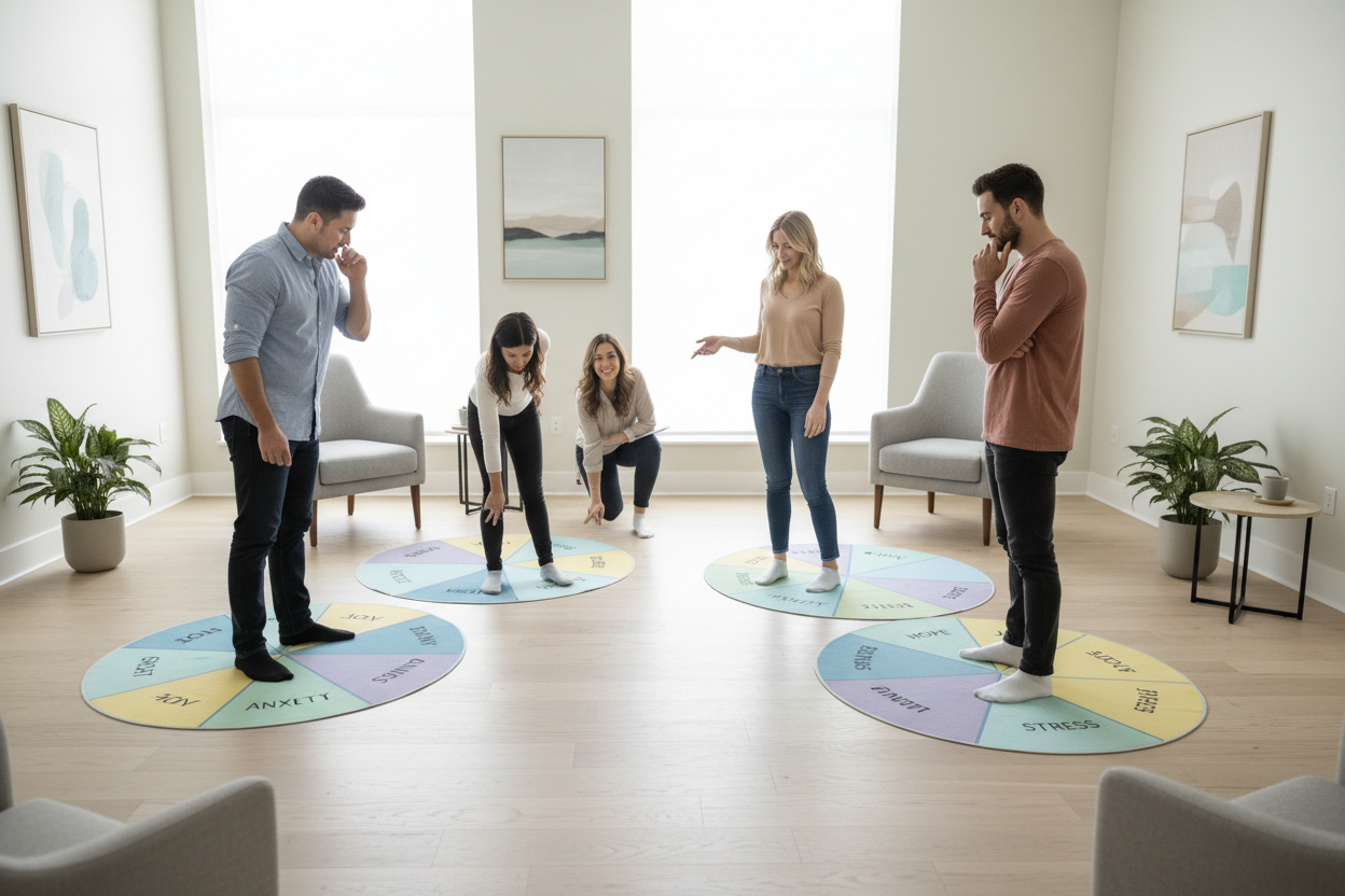 group theraPY USIN =G FLOOR CHECJKS